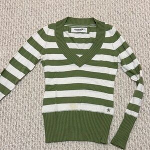 Garage Olive and White Striped V-Neck Sweater